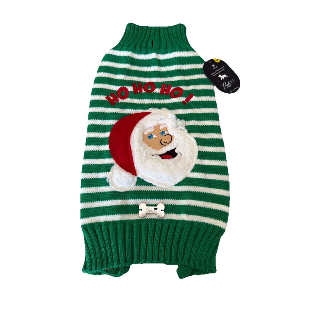 Puli & Co. Knitted Green/White Striped Santa Face Dog Sweater ~ Med ~ NWT
